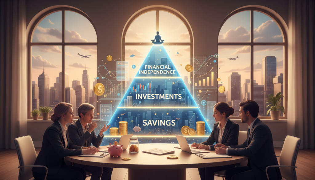 A layered illustration depicting the "Hierarchy of Financial Needs". In the foreground, show a diverse group of professional individuals in business attire, engaged in thoughtful discussion, surrounded by symbolic financial elements like coins, documents, and charts. In the middle layer, illustrate a pyramid structure representing the hierarchy, with distinct levels labeled for savings, investments, and financial independence. The background should feature a serene office environment with large windows revealing a city skyline, symbolizing opportunity and growth. Use soft, warm lighting to create an inviting atmosphere, captured from a slightly elevated angle to emphasize the pyramid and the engaged individuals, conveying a sense of collaboration and empowerment in financial education.