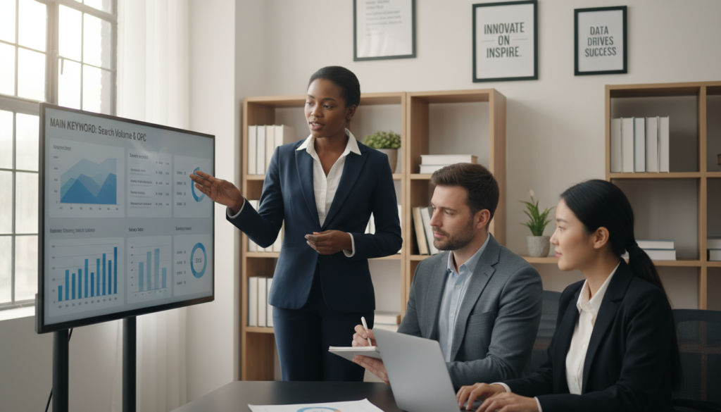 A modern office setting with a diverse group of three professionals analyzing a digital marketing strategy. In the foreground, a Black woman in business attire is pointing at a large digital screen displaying graphs and data insights related to a "main keyword" in digital marketing. The middle ground features a Caucasian man taking notes, while an Asian woman is typing on a laptop, all focused and engaged in discussion. The background shows shelves filled with marketing books and a wall with motivational quotes. Soft, natural lighting provides a warm and inviting atmosphere, with a slight depth of field to emphasize the subjects. The angle captures the teamwork and collaboration in the digital marketing space.