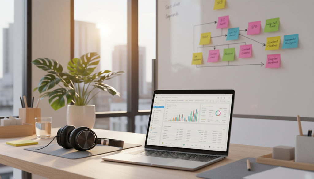 A modern workspace displaying various tools for keyword analysis. In the foreground, a sleek laptop with an open dashboard featuring analytics graphs and keyword metrics. A pair of high-end headphones rests next to it, symbolizing focus and concentration. In the middle ground, a whiteboard filled with sticky notes and diagrams showcasing a keyword strategy map. The background features a large window letting in soft, natural light, creating an inviting atmosphere. A potted plant adds a touch of greenery, enhancing the environment's freshness. The mood is professional yet creative, inspiring productivity and analysis of keywords. The image should have a warm lighting effect, shot from a slightly elevated angle, capturing the essence of a dynamic and modern digital workspace.