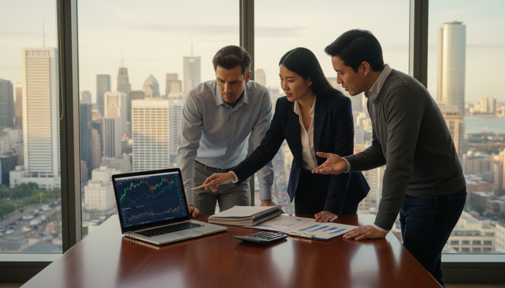A professional-looking office environment with a large wooden desk in the foreground, featuring a laptop open with stock market graphs and charts displayed on the screen. To the side, there are neatly arranged financial documents and a calculator. In the middle ground, a diverse group of three individuals—one woman in business attire and two men in smart casual clothing—are engaged in a collaborative discussion, looking thoughtfully at the laptop. The background showcases a large window with a panoramic view of a bustling city skyline, suggesting growth and opportunity. Soft, warm lighting creates an inviting atmosphere, reflecting a sense of optimism and professionalism. The focus should be clear, with a shallow depth of field to highlight the subjects and their work.