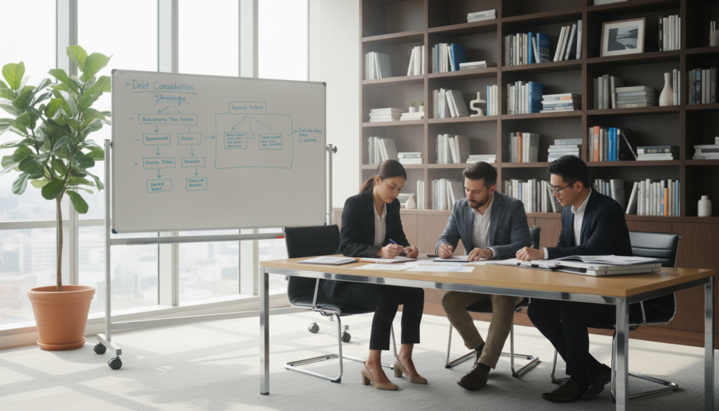 A professional, serene office space focused on debt management. In the foreground, a diverse group of three people seated around a sleek, modern table, analyzing financial documents and spreadsheets. They are dressed in professional attire, exuding a sense of teamwork and collaboration. In the middle ground, a large whiteboard filled with flowcharts and debt strategy plans. Soft, natural lighting filters through large windows, casting gentle shadows, creating a calm and productive atmosphere. In the background, shelves lined with financial books and a potted plant add a touch of warmth to the environment. The overall mood is focused and optimistic, reflecting the theme of conscious credit use and effective debt management.