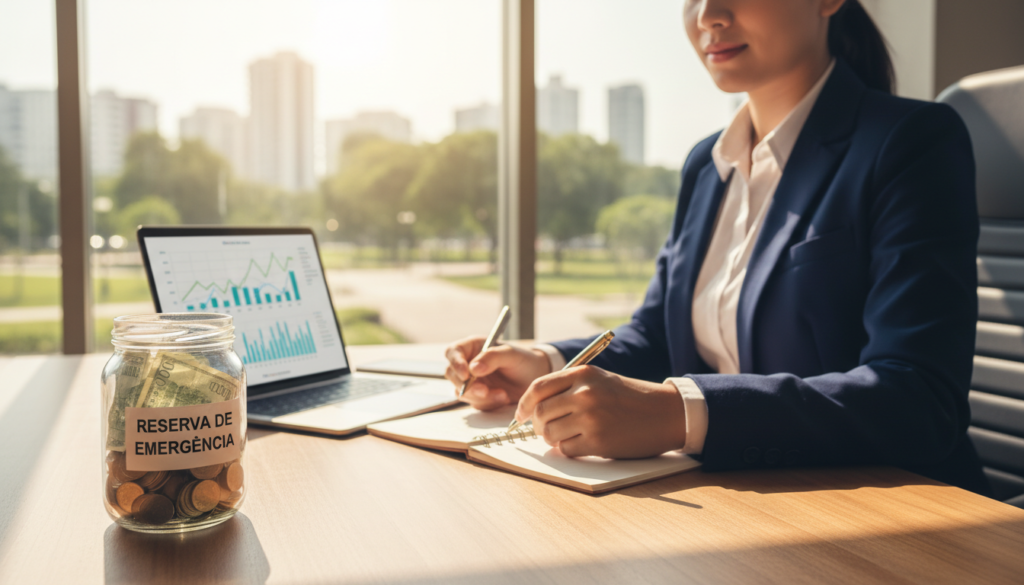 A serene office setting conveying financial independence. In the foreground, a transparent glass jar filled with cash and coins sits on a wooden desk, representing a "reserva de emergência." A laptop displaying financial charts is open beside the jar. In the middle ground, a professional businessperson, wearing a smart suit, is analyzing documents and jotting down notes, exuding confidence and focus. The background features a large window with natural sunlight streaming in, illuminating the room and casting gentle shadows, creating a bright and optimistic atmosphere. The overall mood is one of empowerment and strategic thinking, showcasing the path to financial independence.