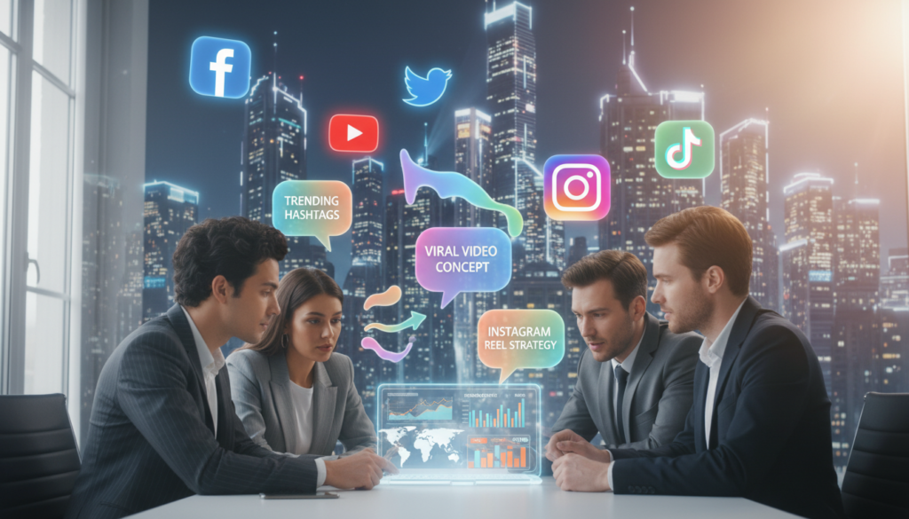 A vibrant and dynamic digital workspace showcasing the essence of social media and content creation. In the foreground, a diverse group of professionals, dressed in smart business attire, collaborate around a high-tech laptop, analyzing social media metrics displayed on the screen. In the middle ground, colorful graphs and content ideas float above them, representing engagement and creativity. The background is filled with visually striking icons from popular social media platforms, seamlessly integrated into an urban skyline. Soft, natural lighting creates an inviting and energetic atmosphere, with a slight lens flare highlighting the professionalism of the scene. A wide-angle view captures the collaborative spirit and the importance of social media in modern entrepreneurship.