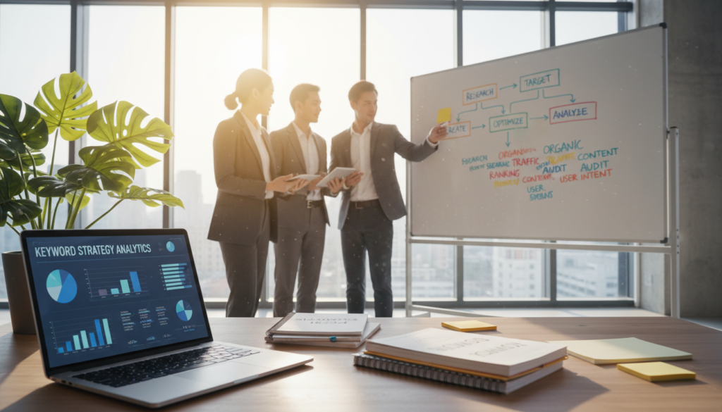 A visually compelling office workspace filled with vibrant elements representing keyword content optimization. In the foreground, a sleek laptop displays graphs and analytics related to keyword strategy on its screen. To the side, a potted plant adds a touch of nature, contrasting with digital tools like keyword lists and notepads. In the middle, a diverse group of professionals dressed in smart business attire are engaged in discussion, gesturing towards charts on a whiteboard. The background features a large window with sunlight pouring in, illuminating the space and creating a warm, collaborative atmosphere. The camera is angled slightly from above, providing a dynamic perspective that showcases activity and focus. The overall mood is inspired, energetic, and purpose-driven, capturing the essence of strategic content creation in a modern workplace.