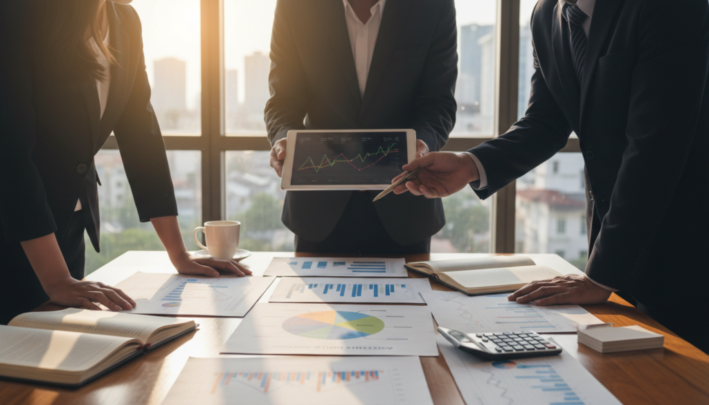 A well-organized investment portfolio spread across a wooden table, featuring an array of colorful stock charts and graphs. In the foreground, a diverse group of four professional individuals—two men and two women—are engaged in a discussion, dressed in business attire, analyzing a pie chart illustrating diversification strategies. The middle ground showcases a digital tablet displaying risk management metrics, alongside various financial reports and a calculator. The background includes a large window with soft daylight streaming in, casting warm light over the scene, creating an atmosphere of focus and collaboration. The overall mood conveys energy and professionalism, ideal for illustrating diversification and risk management in investing.