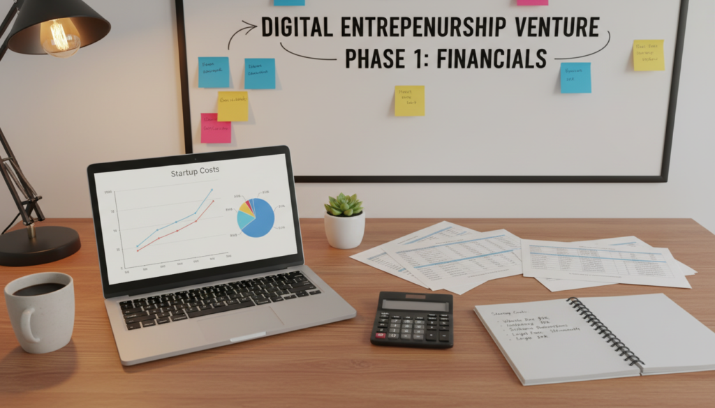 A well-organized workspace depicting financial planning and initial costs for a digital entrepreneurship venture. In the foreground, a wooden desk with a laptop displaying financial graphs and a calculator. Near the laptop, a notebook is open with handwritten notes, alongside a cup of coffee. In the middle ground, charts and spreadsheets are visible, along with a potted plant to add a touch of nature. The background features a wall-mounted whiteboard with strategic outlines and post-it notes. The lighting is soft, with a warm glow from a desk lamp, creating a focused and professional atmosphere. This scene captures the essence of financial planning in a startup environment, emphasizing clarity and organization.