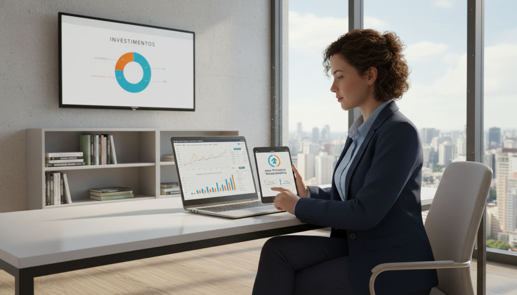 A young professional analyzing financial graphs and charts in a modern office setting, sitting at a sleek desk with a laptop open, displaying investment data. In the foreground, a focused individual in business casual attire examines a tablet, highlighting their beginner investor profile. The middle ground features a wall-mounted screen displaying a colorful pie chart labeled 'Investments', surrounded by books on finance and personal investment strategies. Bright, natural light floods the room, creating a warm and inviting atmosphere. The background shows shelves filled with finance-related books and a large window with a view of a city skyline. The overall mood is hopeful and focused, emphasizing the journey of starting to invest in Brazil.