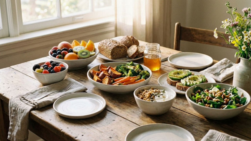 Mesa com alimentos naturais e equilibrados, iluminação suave.