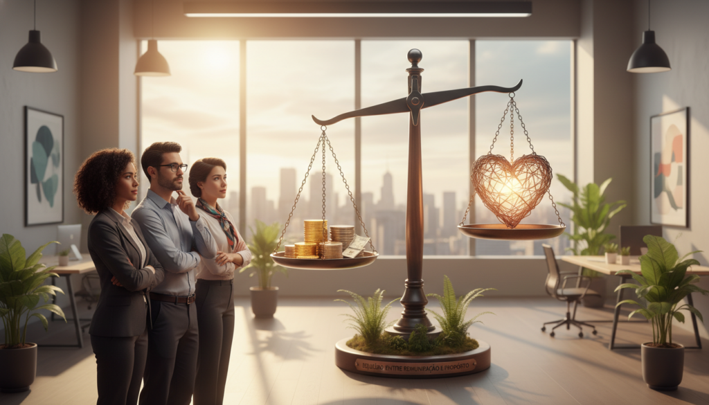 A balanced composition showcasing the concept of "Equilíbrio Entre Remuneração e Propósito." In the foreground, a diverse group of three professionals in business attire stands together, contemplating their career paths. The middle ground features a large, stylized scale with money on one side and a heart symbolizing purpose on the other, beautifully balanced. The background depicts a serene office environment with large windows letting in warm, soft sunlight, symbolizing growth and opportunity. The scene conveys a sense of harmony and ambition, with a warm color palette creating an uplifting atmosphere. Use a standard lens angle to capture the scene, emphasizing both the human connection and the metaphorical balance between financial gain and personal fulfillment.