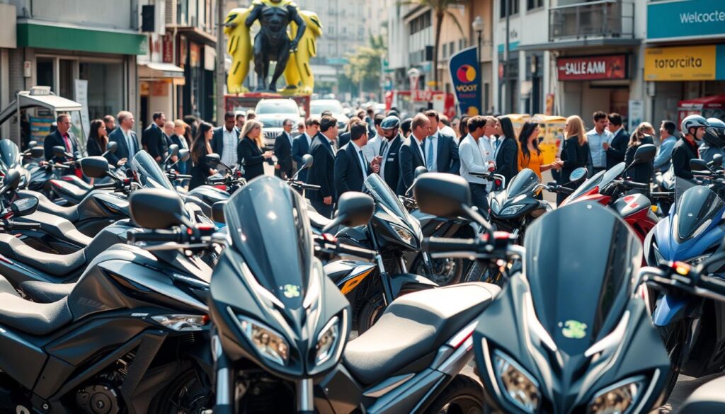 A bustling motorcycle market scene in Brazil, showcasing a variety of modern motorcycles with sleek designs and advanced technology. In the foreground, a display of electric and hybrid models catches the eye, with sharp lines and vibrant colors. In the middle ground, a diverse group of people in professional attire are engaging in discussions and examining the bikes, reflecting a professional atmosphere. The background features a lively urban setting, with shopfronts and street vendors, under bright and inviting afternoon sunlight. Utilize a shallow depth of field to focus on the motorcycles, with a slight tilt-angle perspective, creating a dynamic and vibrant mood. Emphasize realism and contemporary innovation in automotive design.
