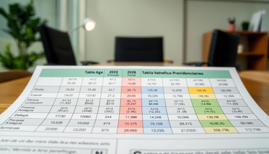 A detailed table displaying "Tabela Valores Benefícios Previdenciários," showcasing various retirement benefit amounts for 2026. The foreground features a clean, organized layout with clearly defined sections, including columns for categories such as age, contribution period, and benefit amounts. In the middle ground, include differentiated colors for better clarity and visual appeal, alongside subtle graphical elements like icons representing different age groups. The background shows a softly blurred office setting, conveying a professional atmosphere. The lighting is warm, with a slight focus on the table, suggesting a sense of trust and reliability. The overall mood is informative and reassuring, ideal for readers seeking clarity on their retirement benefits.