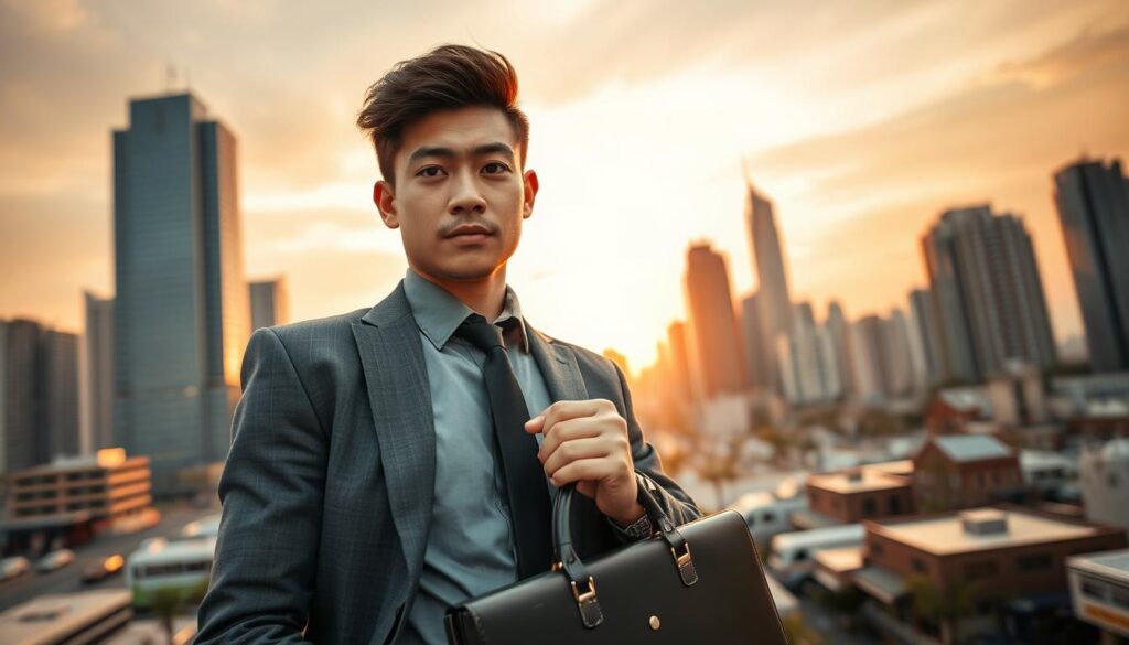 A determined young professional in formal business attire stands confidently in the foreground, holding a briefcase tightly. Their expression reflects both resolve and a hint of weariness, symbolizing the struggle between dreams and responsibilities. In the middle ground, a bustling cityscape reveals a blend of skyscrapers and small businesses, representing ambition and daily challenges. The background features a soft sunset sky, casting warm, golden light that enhances the hopeful atmosphere. The overall mood conveys persistence, courage, and a sense of purpose amid adversity. The angle is slightly low, emphasizing the subject's stature and strength while maintaining a sense of scale with the surrounding environment.