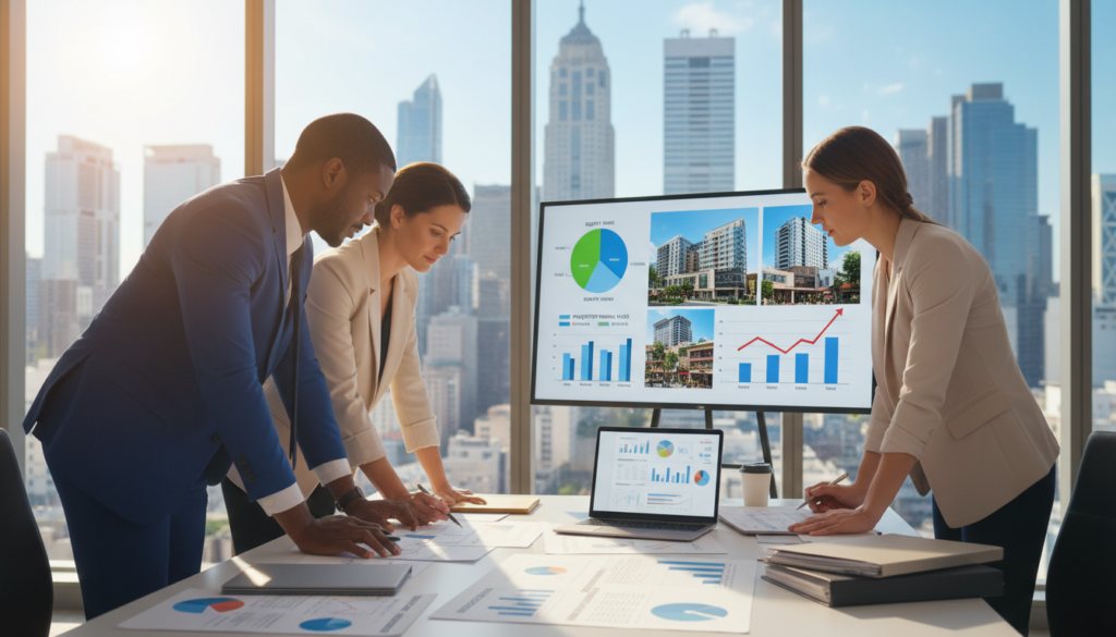 A diverse group of professional individuals engaged in a collaborative discussion about real estate investments. In the foreground, show a well-dressed man and woman reviewing financial documents and charts related to various property types such as residential, commercial, and industrial. In the middle ground, include a large board displaying colorful pie charts and graphs illustrating investment strategies, overlaid with images of modern apartment buildings, office spaces, and retail outlets. In the background, depict a city skyline under a clear blue sky, symbolizing growth and opportunity. Use warm, inviting lighting to create an atmosphere of hopeful ambition and professionalism, captured from a slightly elevated angle to encompass the entire scene. The image should convey a sense of strategic planning and the dynamic nature of real estate investments.