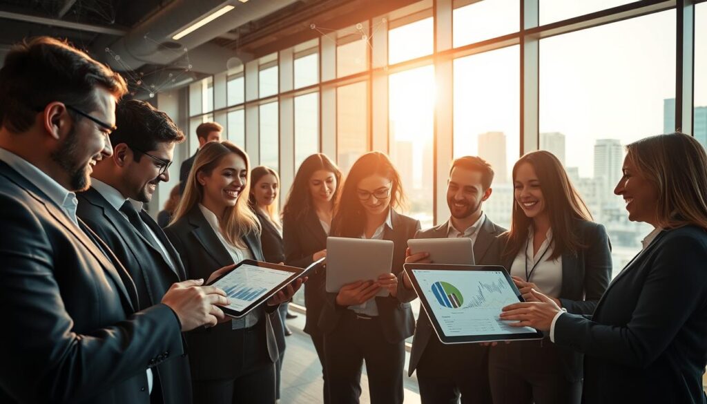 A dynamic business scene showcasing professional opportunities in artificial intelligence. In the foreground, a diverse group of professionals in business attire, engaged in animated discussions over digital tablets and laptops, showcasing charts and AI data analysis. In the middle ground, a modern office environment with large windows allowing natural light to flood in, reflecting a busy cityscape outside. Abstract elements representing AI, like neural network visuals and data streams, subtly integrated into the background. The atmosphere should convey excitement and partnership, with warm lighting that enhances the feeling of innovation and collaboration. The angle should focus slightly upward, emphasizing the success and potential of AI in today's job market.