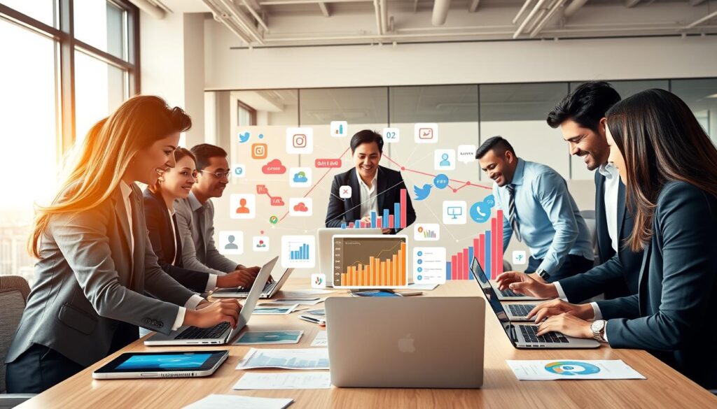 A dynamic office scene showcasing digital marketing on social media. In the foreground, a diverse group of professionals in smart business attire collaborates around a large table filled with laptops, tablets, and charts displaying social media analytics. In the middle, a vibrant visual of various social media icons like Facebook, Instagram, and Twitter, interspersed with graphs and marketing strategies. The background features a large window with a city skyline, letting in bright, natural light that highlights the team's engaged expressions. The atmosphere is energetic and innovative, underscoring the collaborative spirit of digital marketing. Use a wide-angle lens to capture the full interaction, ensuring the lighting is warm and inviting to emphasize productivity and teamwork.
