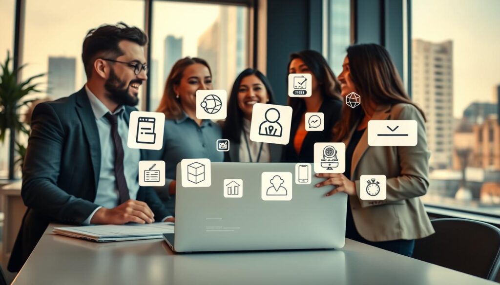 A dynamic scene showcasing popular freelance platforms, featuring a modern workspace with a laptop open to various freelance websites. In the foreground, a diverse group of three professionals, a man and two women, are engaged in discussion, dressed in smart casual attire. The middle ground displays floating digital icons representing various freelance services, such as graphic design, writing, and programming, illuminated by a soft, warm light. In the background, a large window offers a cityscape view, adding a sense of ambition and opportunity. The atmosphere is vibrant yet focused, with an emphasis on collaboration and professionalism. The composition is captured at a slight angle, enhancing the depth and engagement of the scene.