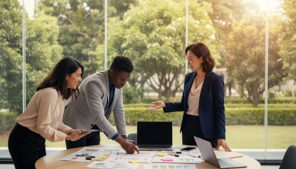 A dynamic workspace scene that showcases essential leadership skills. In the foreground, a confident leader, a middle-aged Asian woman in professional attire, engages with her diverse team, composed of a young Black man and a Hispanic woman, all dressed in smart business wear. The middle ground features a round table scattered with brainstorming materials, such as charts and laptops. In the background, large windows let in natural light, filtering through greenery outside, creating a calm atmosphere. The lighting is warm, fostering an inviting and collaborative mood. The angle captures the group from a slightly elevated perspective, emphasizing their teamwork and focus on innovation. This image should embody the spirit of successful leadership and collaboration without any text or distractions.