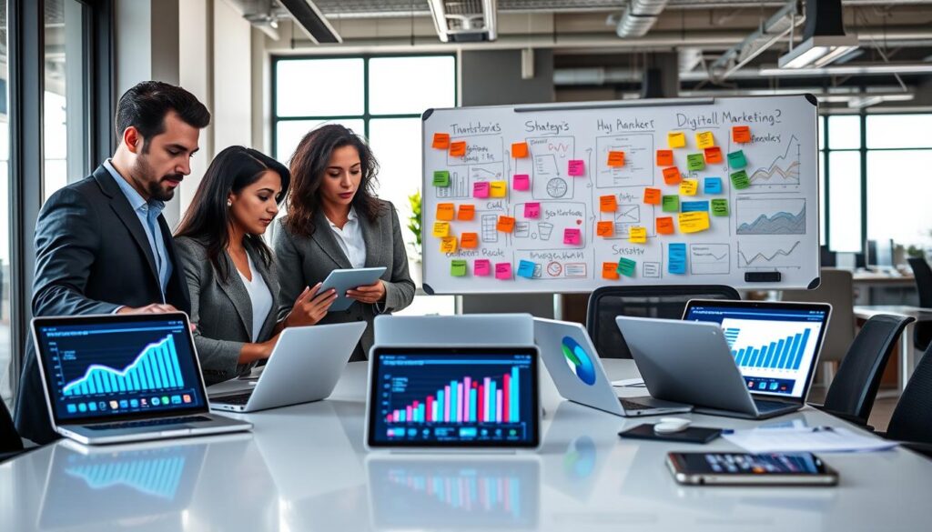 A dynamic workspace showcasing digital marketing strategies for online businesses. In the foreground, a diverse group of three professionals—two men and one woman, dressed in polished business attire—collaborate around a sleek conference table. They analyze digital marketing charts displayed on laptops and tablets, with vibrant graphs and infographics glowing on their screens. In the middle ground, a large whiteboard is filled with brainstorming notes and colorful sticky notes outlining various marketing strategies. The background features a modern office with large windows, letting in soft, natural light, creating an open and inspiring atmosphere. The scene conveys a sense of collaboration, innovation, and forward-thinking energy, perfect for illustrating the importance of digital marketing strategies in online businesses.