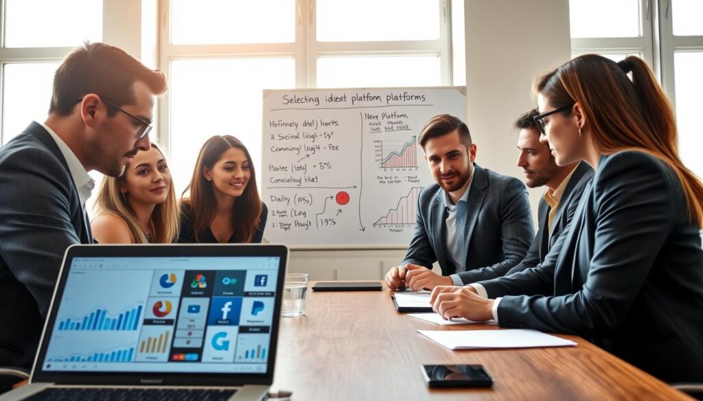 A focused, professional workspace featuring a diverse group of individuals, both men and women, dressed in smart business attire, deeply engaged in discussion around a table. In the foreground, a laptop displays various digital platforms and analytics. In the middle, a whiteboard filled with inspiring graphs and notes about selecting ideal platforms enhances the collaborative atmosphere. The background features bright, natural lighting coming through large windows, creating a warm, inviting environment. The scene conveys a sense of determination and creativity, emphasizing teamwork and informed decision-making. Angle the shot to capture the interaction among the individuals, illustrating the dynamic of choosing the right platform for their profiles.