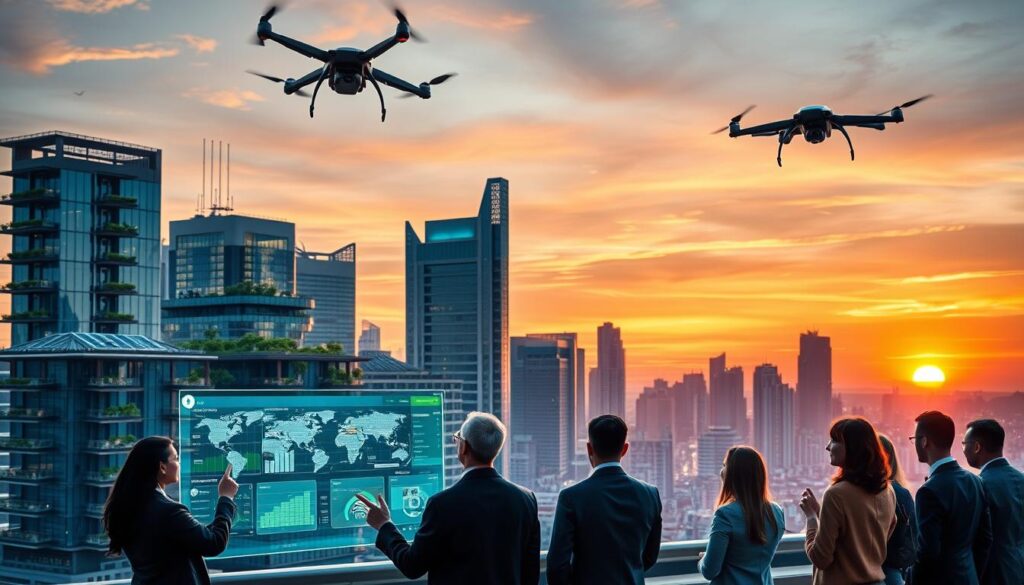 A futuristic city skyline at dusk, showcasing the integration of emerging technologies like artificial intelligence, renewable energy, and biotechnology. In the foreground, a diverse group of professionals in smart business attire engages in discussion, pointing at holographic displays of data visualizations. The middle layer features buildings adorned with solar panels and vertical gardens, with drones flying overhead. The background reveals a vibrant sunset casting a warm glow, enhancing the mood of innovation and hope. Use a wide-angle lens to capture the expansive view, with soft, diffused lighting to create a sense of forward-looking optimism and collaboration. The overall atmosphere should reflect progress and a connected future.