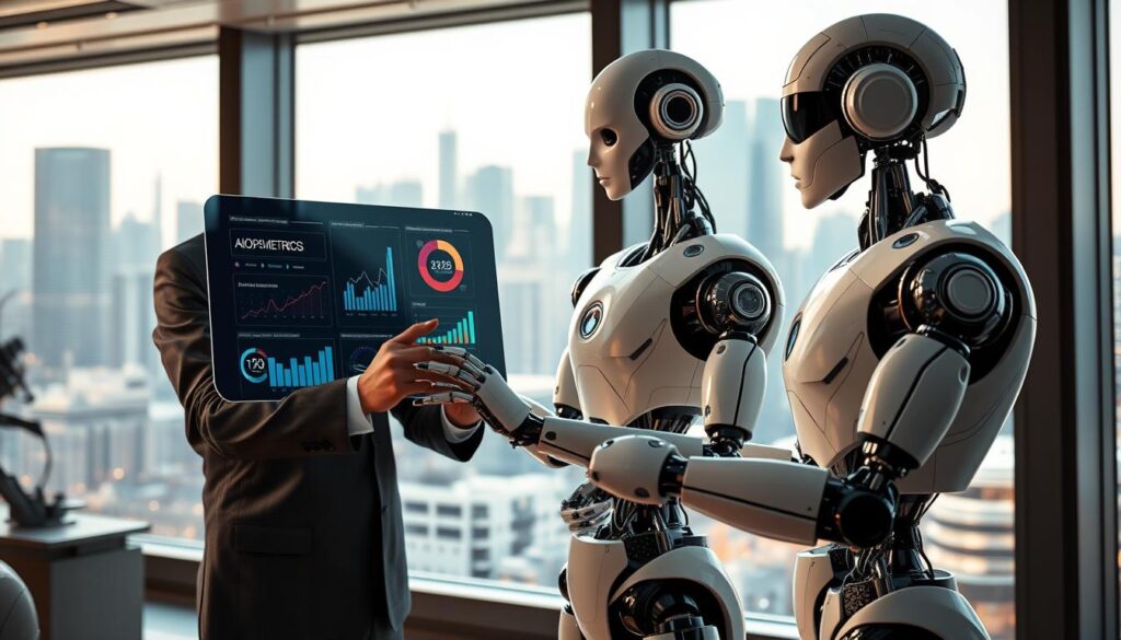 A futuristic office environment featuring a human technician in professional attire, collaborating with an advanced humanoid robot. In the foreground, the technician is analyzing data displayed on a holographic screen, showcasing AIOps metrics. The middle ground reveals a sleek, modern robotic arm interacting with automation systems, emphasizing efficiency and innovation. In the background, large windows let in soft, natural light, highlighting a city skyline filled with advanced technology. The atmosphere is vibrant and inspiring, symbolizing the integration of robotics and artificial intelligence in corporate settings. The composition should use a dynamic angle to emphasize the interaction, creating a sense of forward momentum in the technological evolution.