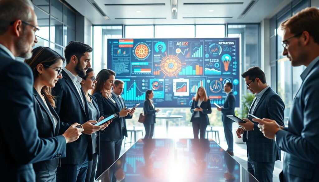 A futuristic office environment showcasing the concept of process optimization with artificial intelligence. In the foreground, a diverse group of business professionals in smart attire, actively discussing data on their digital devices. In the middle ground, a large wall screen visualizing complex AI algorithms and data flows, with vibrant graphs and analytical tools. The background features a sleek modern workspace with advanced technology, large windows allowing natural light to pour in, creating a bright and optimistic atmosphere. The scene captures a collaborative spirit filled with innovation and efficiency, embodying the integration of AI in optimizing business processes and campaigns. The lighting is bright and focused, emphasizing clarity and professionalism, shot from a slightly elevated angle to encompass the engaged team and the dynamic workspace.