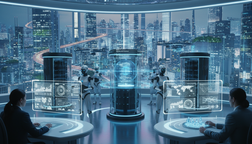 A futuristic office environment showcasing the integration of artificial intelligence and automation in digital marketing. In the foreground, a diverse group of three professionals in smart business attire are engaged in analyzing data on sleek digital screens featuring graphs and charts, illustrating marketing strategies. In the middle ground, robotic assistants and AI-driven devices are assisting with data processing, while high-tech interfaces display analytics and trends. The background features a panoramic view of a bustling cityscape, symbolizing innovation and progress. The lighting is bright and modern, with a soft blue hue that conveys a sense of professionalism and technological advancement. The overall mood is optimistic and dynamic, reflecting the transformative power of AI in the marketing landscape.