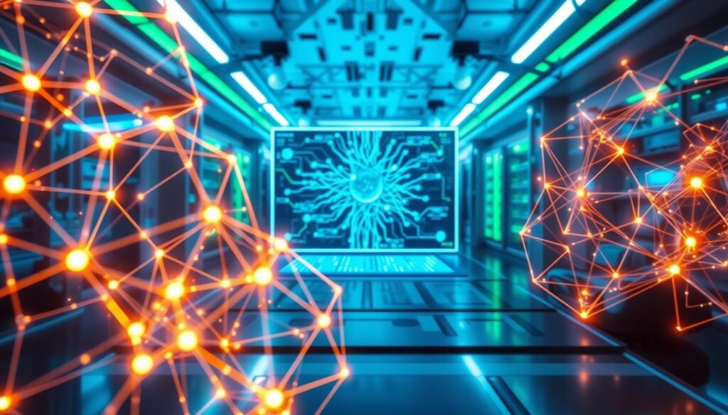 A futuristic scene depicting quantum machine learning algorithms, showcasing complex, glowing geometric shapes representing data structures and quantum circuits in the foreground. In the middle, a digital interface displays neural network pathways intertwined with quantum bits, generating a sense of dynamic processing. The background features a high-tech laboratory setting, illuminated with soft blue and green lighting, reflecting a sleek and advanced ambiance. The overall composition conveys a sense of innovation and discovery, with an emphasis on technology's potential. Use a wide-angle lens perspective to capture depth, allowing the viewer to feel immersed in this cutting-edge environment.