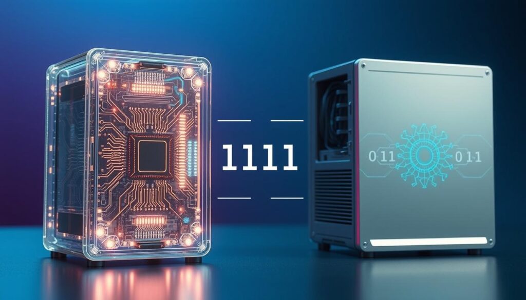 A futuristic scene showcasing the contrast between quantum computers and classical computers. In the foreground, a sleek quantum computer with shimmering, intricate circuits and glowing qubits, exhibiting a translucent design that gives a sense of advanced technology. Beside it, a traditional classical computer, with a classic metal case and visible wiring, appearing more bulky and linear. In the middle ground, visual representations of classical binary code and quantum entanglement patterns symbolizing the differences in computing power. The background features a gradient of deep blues and purples to evoke a high-tech atmosphere, with soft, diffused lighting highlighting the machines. The angle captures both computers at eye level, inviting the viewer to compare them directly, with a focus on innovation and evolution in technology.