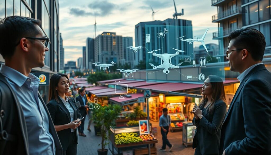 A futuristic urban scene depicting the integration of the Internet of Things (IoT) and Augmented Reality (AR). In the foreground, a diverse group of professionals—dressed in modern business attire—interact with a transparent digital display showcasing floating data overlays of connected smart devices. In the middle ground, various IoT devices like smart home gadgets, drones, and wearable tech are seamlessly interacting within a vibrant street market filled with greenery and digital advertisements. The background features a skyline of smart buildings with integrated solar panels and wind turbines, illuminated by soft evening lights. The atmosphere is dynamic and innovative, capturing a sense of collaboration and advancement, with gentle diffused lighting and a wide-angle perspective that emphasizes depth and movement.