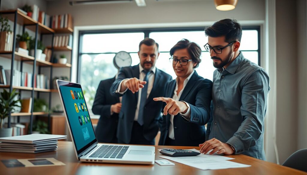 A modern and sleek workspace with a laptop displaying various money-making app icons on the screen, surrounded by documents and a calculator. In the foreground, a diverse group of three professionals—two men and one woman—dressed in smart casual clothing, are engaged in a focused discussion about the apps, pointing towards the screen. The middle ground features a large window allowing natural light to flood in, illuminating the space with a warm and inviting atmosphere. In the background, shelves filled with business literature and plants create a motivating environment. The scene is well-composed, shot from a slightly elevated angle to capture both the group dynamics and the technological focus of the image, conveying a sense of trust and reliability in their evaluation process.