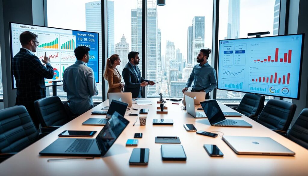 A modern digital marketing workspace showcasing practical applications. In the foreground, a diverse group of professionals in smart casual attire analyzes data on large screens displaying colorful graphs and social media metrics. In the middle, an array of digital devices, like laptops and smartphones, are strategically placed on a sleek conference table, reflecting various marketing strategies such as email campaigns and SEO analytics. The background features a large window revealing a bustling cityscape, with bright natural light flooding the room, creating an engaging atmosphere. The overall mood is dynamic and focused, encapsulating the essence of modern digital marketing in a collaborative and innovative environment, with an emphasis on technology-driven solutions.