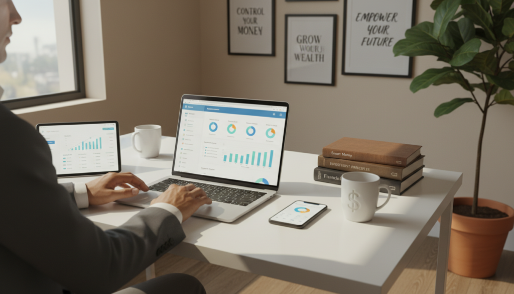 A modern digital workspace featuring a variety of financial management apps displayed on multiple devices, including a laptop, tablet, and smartphone. In the foreground, a professional in smart attire is engaged in analyzing financial data on their laptop, surrounded by vibrant charts and graphs that represent budgeting and expense tracking. The middle ground includes a stylish desk with financial books, a sleek calculator, and a coffee cup. Soft, natural lighting streams in through a nearby window, casting gentle shadows, creating a calm and focused atmosphere. The background showcases a wall adorned with motivational financial quotes and a potted plant for a touch of warmth and productivity. The overall mood is one of organization and empowerment in financial management.