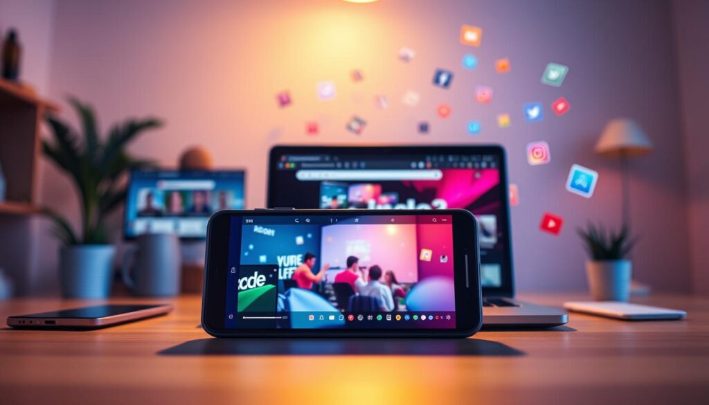 A modern digital workspace filled with vibrant elements representing the evolution of short videos in social media. In the foreground, a sleek smartphone displays a colorful short video clip, showcasing engaging content like animated graphics and dynamic transitions. The middle ground features a laptop adorned with open browser tabs of popular social media platforms, emphasizing connectivity and interactive engagement. In the background, a softly lit room highlights abstract representations of digital content, such as floating icons and dynamic timelines. Warm, inviting lighting casts soft shadows, creating an inspiring atmosphere of creativity and innovation. The composition is taken from a slightly elevated angle, capturing the essence of a fast-paced digital environment focused on content transformation while ensuring a professional aesthetic.