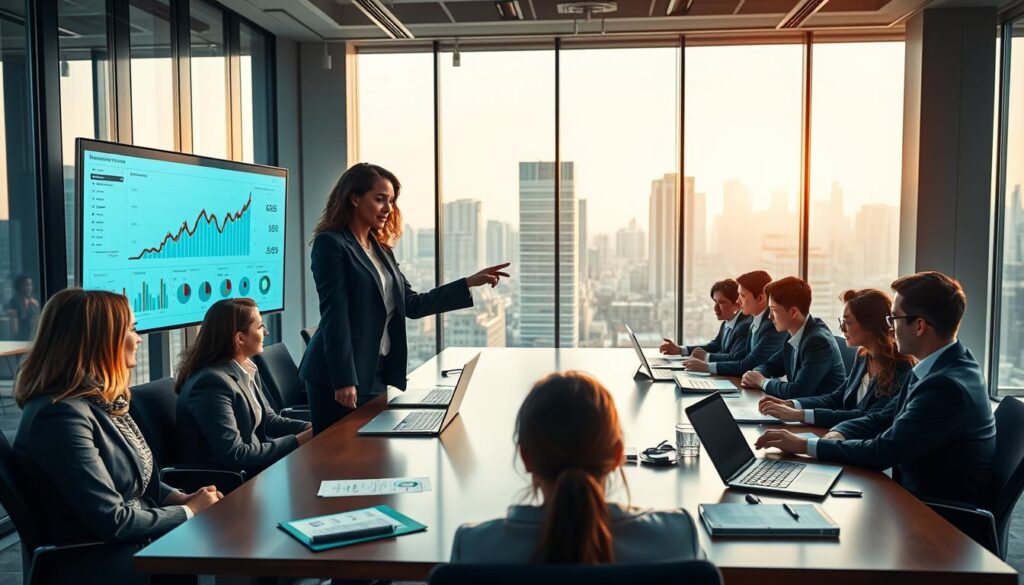 A modern office environment, featuring a large conference table surrounded by diverse professionals engaged in a strategic financial planning session. In the foreground, a confident woman in a business suit points at a digital financial dashboard displayed on a sleek monitor, illustrating key performance indicators. The middle ground showcases a group of focused individuals with laptops and documents, analyzing charts and graphs, emphasizing teamwork and collaboration. The background includes floor-to-ceiling windows revealing a bustling city skyline, bathed in warm, natural light suggesting a bright future. The atmosphere is one of determination and focus, conveying the importance of strategic financial management. The image is shot from a slightly elevated angle, enhancing the sense of purpose and professionalism without any text or distractions.