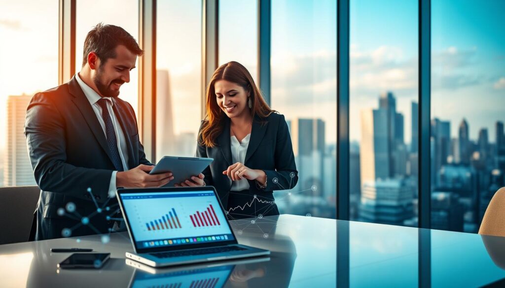 A modern office environment showcasing connectivity and update in online businesses. In the foreground, a professional man and woman, dressed in smart business attire, are engaged in a discussion over a digital tablet, demonstrating collaboration. In the middle ground, a sleek desk with a laptop displaying analytics on the screen, surrounded by graphs and digital charts symbolizing data flow. In the background, a large window reveals a vibrant cityscape with skyscrapers, symbolizing growth and opportunity. Soft, natural lighting streams through the window, creating an inviting atmosphere with a focus on teamwork and innovation. The overall mood is optimistic and forward-thinking, ideal for depicting essential characteristics of digital businesses.