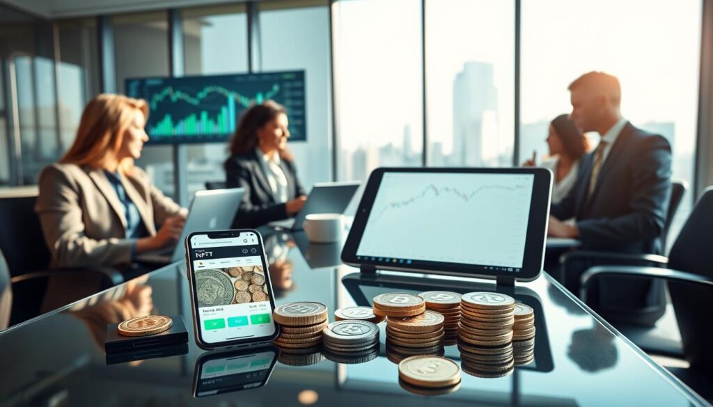 A modern office environment with a sleek glass desk in the foreground, showcasing various digital assets like cryptocurrency coins, a smartphone displaying a stock market app, and an NFT artwork on a digital tablet. In the middle ground, a group of four diverse professionals dressed in business attire is discussing and analyzing digital asset trends using laptops and charts displayed on the wall. The background features a large window with a city skyline, illuminated by soft daylight, creating an inspiring and tech-savvy atmosphere. The lighting is bright and inviting, emphasizing the innovation of digital finance. Capture this scene with a wide-angle lens to create depth and context, reflecting the exciting world of digital assets.