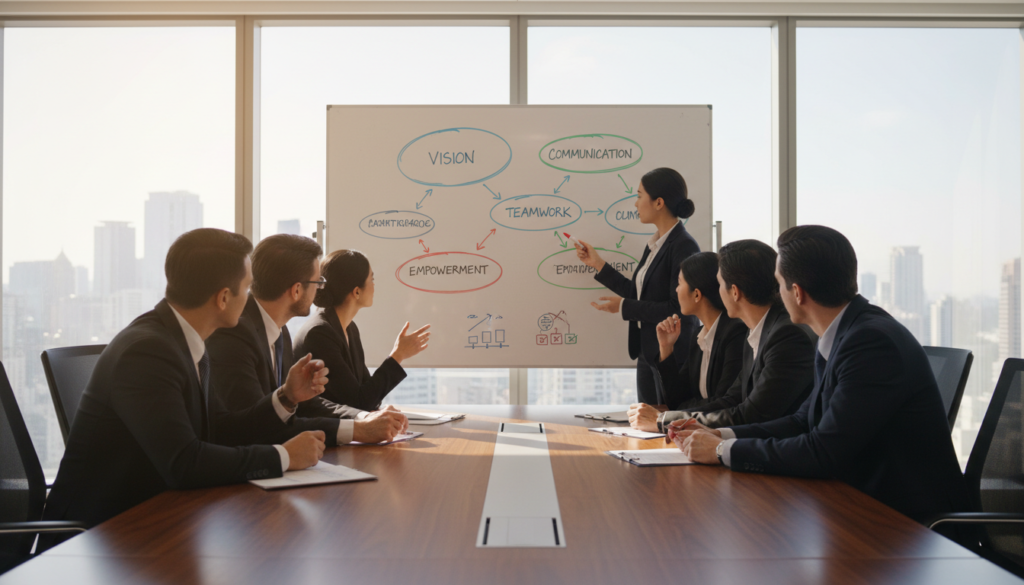 A modern office meeting room with a sleek wooden conference table in the foreground, surrounded by diverse professionals dressed in smart business attire, deeply engaged in discussion about leadership concepts. In the middle ground, a large whiteboard features a mind map illustrating fundamental leadership principles like vision, communication, and teamwork, with colorful markers and diagrams. The background displays a large window with city skyline views, allowing natural light to flood the room, creating a warm and inspiring atmosphere. The scene captures a collaborative and dynamic mood, emphasizing the importance of effective leadership in a business setting. Use a wide-angle lens for a spacious feel, ensuring the focus remains on the interaction and visual elements presented.
