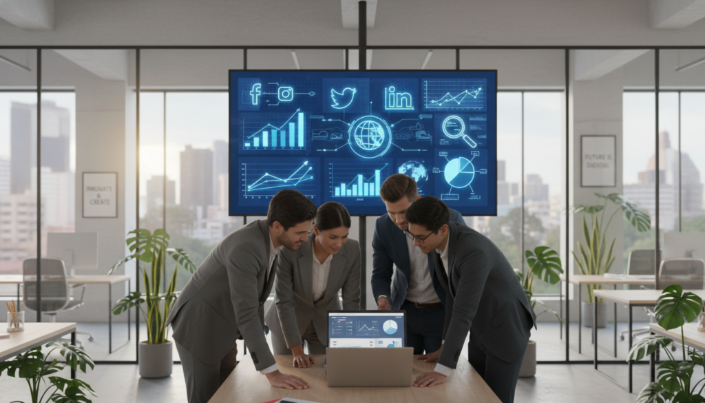 A modern office setting focused on digital marketing strategies. In the foreground, a diverse group of professionals, dressed in smart business attire, collaborate over a laptop displaying digital marketing analytics. In the middle ground, a large screen showcases vibrant graphics of social media icons, website analytics, and charts representing growth strategies. The background features a bright, open office with modern decor, plants, and motivational posters about innovation and creativity. Soft, natural light floods the space through large windows, creating an inviting atmosphere. The camera angle is slightly elevated, capturing the collaborative energy while emphasizing the tools and concepts of digital marketing. Overall, the mood is energetic, focused, and forward-thinking, perfectly reflecting the essence of digital marketing.