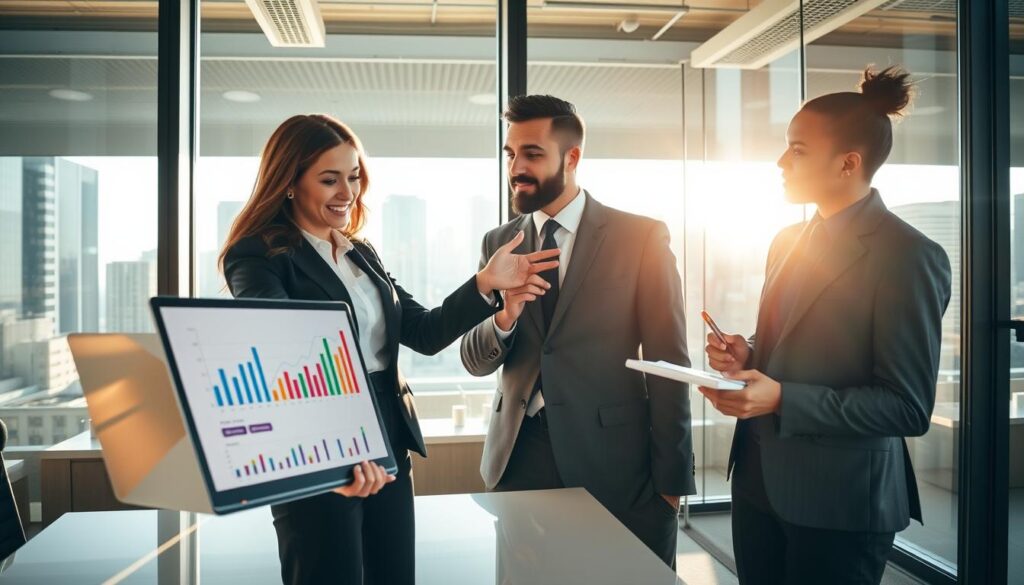 A modern office setting showcases a diverse group of three professionals engaged in a collaborative discussion about affiliate marketing strategies. In the foreground, a woman in a smart business suit is pointing to a laptop screen displaying colorful graphs and charts, symbolizing growth and opportunity. Beside her, a man in an equally professional outfit nods in agreement, while a third individual, dressed in smart-casual attire, takes notes on a notepad. The background features a large window with natural sunlight streaming in, highlighting a bustling cityscape. The atmosphere is upbeat and optimistic, with warm, inviting colors to suggest enthusiasm and creativity. The camera angle focuses on the group, capturing their engaged expressions, creating a dynamic and energetic feel for the topic at hand.