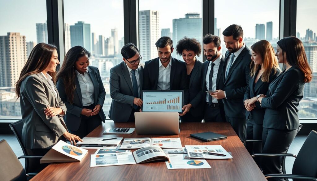 A modern office setting showcasing alternative real estate investments. In the foreground, a diverse group of professionals in business attire is engaged in a discussion over a laptop, analyzing charts and projections on the screen. The middle ground features a stylish conference table with real estate brochures and financial reports laid out, emphasizing the theme of passive income. In the background, large windows offer a city skyline view, casting natural light across the scene, enhancing a vibrant yet focused atmosphere. The overall mood is one of collaboration and innovation, captured with a realistic lens effect, highlighting the potential of alternative real estate investments.