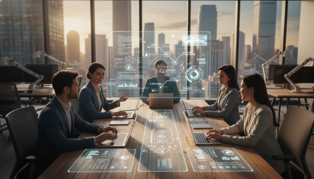 A modern office setting showcasing the intersection of technology and the job market. In the foreground, a diverse group of professionals in smart business attire engages around a sleek conference table, collaborating on a digital project displayed on a large screen. The middle ground features advanced technology like laptops, tablets, and digital interfaces, symbolizing innovation and connectivity. The background reveals a large window with a view of a bustling city skyline, infusing the scene with natural light and a sense of opportunity. Use soft, warm lighting to create a professional yet inviting atmosphere that reflects growth, ambition, and teamwork. The angle should be slightly elevated, capturing both the detail of the participants and the expansive environment around them.