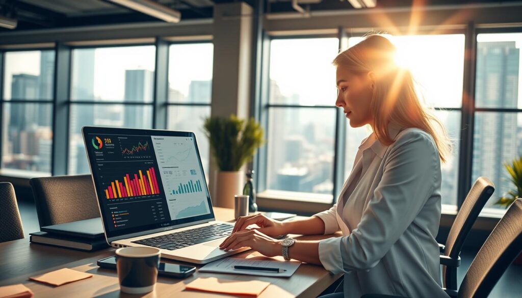A modern office setting with a professional businesswoman analyzing data metrics on a sleek laptop. In the foreground, she is focused on the screen displaying colorful graphs and charts related to affiliate marketing performance. The middle layer features a stylish desk with digital devices, sticky notes, and a coffee cup, conveying a productive work atmosphere. In the background, large windows reveal a bustling cityscape, with warm sunlight streaming in, creating a bright and optimistic ambiance. Use a shallow depth of field to emphasize the subject while softly blurring the background. The lighting should be natural and inviting, enhancing the overall mood of success and analysis.