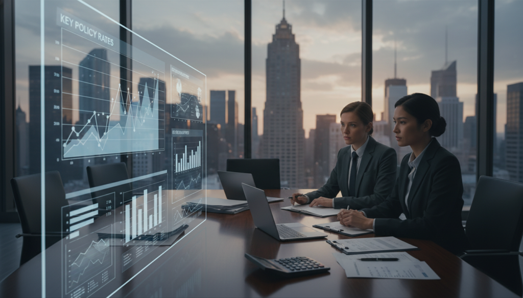 A modern, professional office environment representing central banking and monetary policy. In the foreground, a diverse group of two business professionals—one man and one woman—in formal attire examine a large digital screen displaying graphs and charts of interest rates and inflation trends. The middle ground features a sleek conference table adorned with financial reports and a calculator, evoking a sense of intense discussion and analysis. In the background, large windows reveal a city skyline, bathed in soft, natural light, symbolizing economic dynamics. The overall mood is serious and focused, illustrating the challenges of fiscal policy and its effect on the economy. The image is captured from a slightly elevated angle, providing a comprehensive view of the scene while maintaining clarity and professionalism.