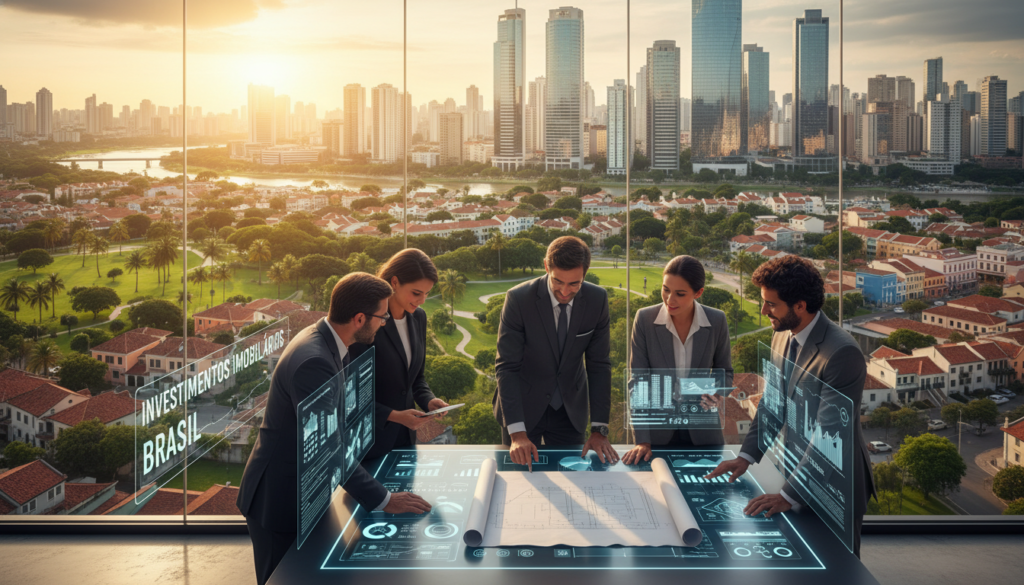 A modern real estate investment concept illustration, showcasing a vibrant urban skyline filled with diverse architectural styles, including sleek skyscrapers and cozy residential buildings. In the foreground, a diverse group of professionals in smart business attire are gathered around a large table, examining blueprints and digital charts related to real estate investments. The middle ground features lush green parks and residential neighborhoods, while the background displays a warm sunset casting a golden glow over the cityscape. The scene conveys a sense of optimism and opportunity, emphasizing the potential of real estate investments in Brazil. Use soft, natural lighting to create an inviting atmosphere, shot with a wide-angle lens for a dynamic perspective.