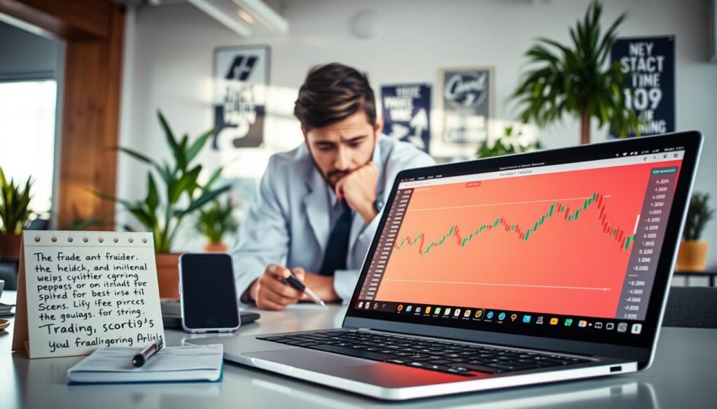 A modern, well-organized workspace depicting practical cryptocurrency tips. In the foreground, there’s a sleek laptop displaying a cryptocurrency trading platform with vibrant graphs and charts. Next to the laptop, a smartphone shows real-time cryptocurrency prices. To the left, a notepad with handwritten tips on investing and trading strategies adds a personal touch. In the middle ground, a person in professional business attire is intently studying the laptop screen, their expression focused and thoughtful. The background features a bright, well-lit office with plants and motivational posters related to finance and technology. The overall atmosphere is one of productivity and innovation, with natural light streaming in from a nearby window to enhance the sense of clarity and focus.