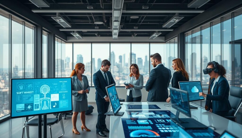 A modern workspace depicting key technology sectors, featuring a high-tech office environment with professionals in business attire engaged in discussions and brainstorming. In the foreground, a diverse group of individuals collaborates over digital devices and interactive screens showcasing various areas like software development, cybersecurity, AI, and cloud computing. The middle ground highlights sleek conference tables and innovative technology tools such as virtual reality headsets and data analytics interfaces. In the background, floor-to-ceiling windows reveal a vibrant city skyline, symbolizing the dynamic digital landscape. Soft, natural lighting enhances the atmosphere, creating an inspiring and collaborative mood, while a shallow depth of field focuses on the teamwork in action. The composition conveys innovation and professionalism, ideal for illustrating technological advancements and solutions.