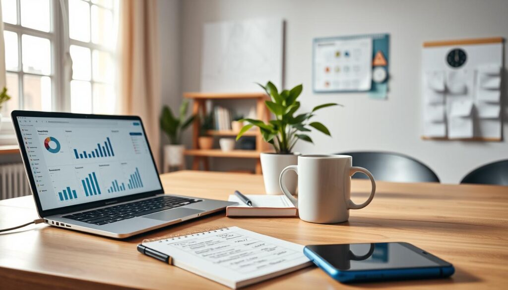 A modern workspace featuring essential online business management tools. In the foreground, a sleek laptop displays analytics and graphs, surrounded by a notepad filled with ideas and a smartphone with notifications. In the middle, an organized desk with a stylish coffee mug and a potted plant, conveying a fresh, professional atmosphere. The background shows a well-lit home office with a large window letting in natural light, brightening the space. A wall calendar is visible, indicating productivity and planning. The overall mood is focused and inspiring, aimed at entrepreneurs striving to manage their online business effectively. The image should emphasize professionalism and creativity, with clean lines and harmonious colors to evoke a sense of ambition.