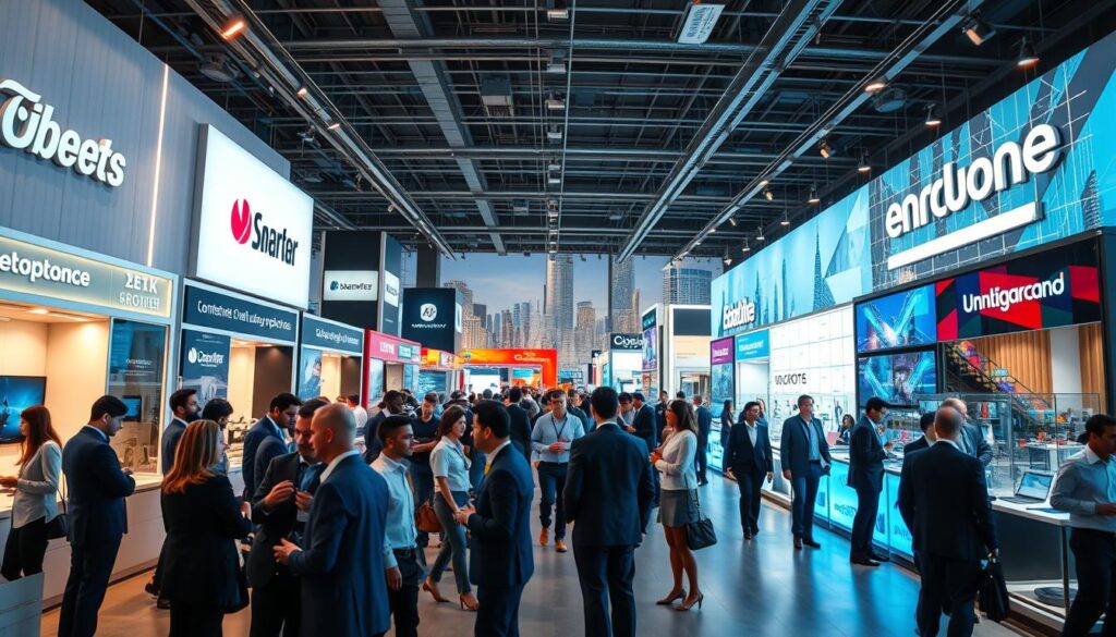 A panoramic view of a modern technology marketplace bustling with activity, showcasing sleek display booths of various leading tech companies. In the foreground, diverse professionals in business attire engage in discussions, exchanging ideas and networking, creating an atmosphere of innovation. The middle ground features vibrant product showcases, with the latest gadgets and digital solutions prominently displayed under bright, warm lighting. The background presents a futuristic city skyline, symbolizing technological advancement. The scene captures the spirit of collaboration and progress within the digital market, with a sense of dynamism and possibility. The composition should have a wide-angle perspective, highlighting the scale and vibrancy of the marketplace, evoking optimism and excitement about the future of technology.