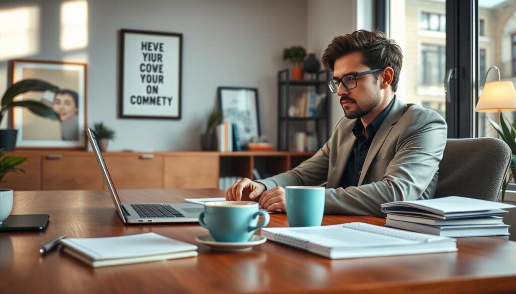 A professional and trustworthy workspace for freelancers, showcasing a modern home office setup. In the foreground, a sleek wooden desk with a laptop, notebooks, and a cup of coffee, reflecting an organized environment. A focused individual in professional attire, either gender, is engaged in their work, exuding concentration and confidence. In the middle background, a wall adorned with inspirational art and a small bookshelf filled with business books enhances the atmosphere. Soft, natural lighting streams in through a large window, creating a warm and inviting glow. The scene has a calm and productive mood, emphasizing reliability and professionalism in a freelancer's workspace. The angle is slightly tilted to capture depth, providing an immersive view of this efficient workspace.